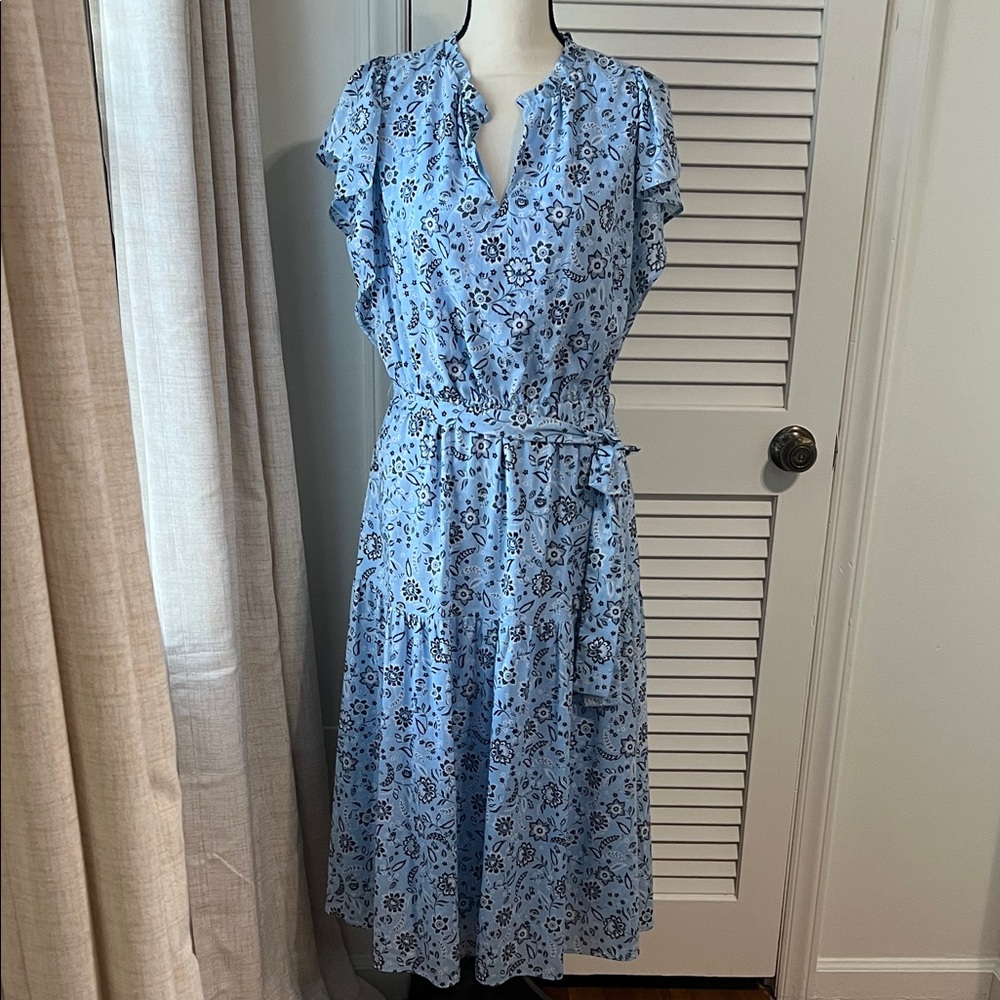 Ann Taylor Blue Floral Tiered Midi Dress with Tie Waist Size 10
